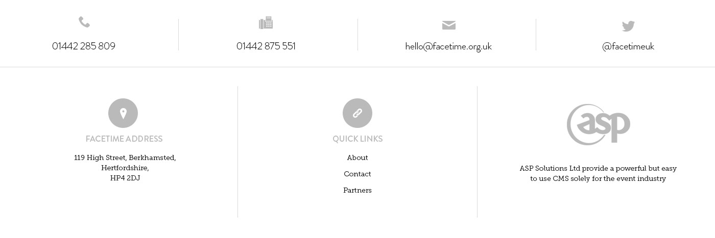 Contact info + footer